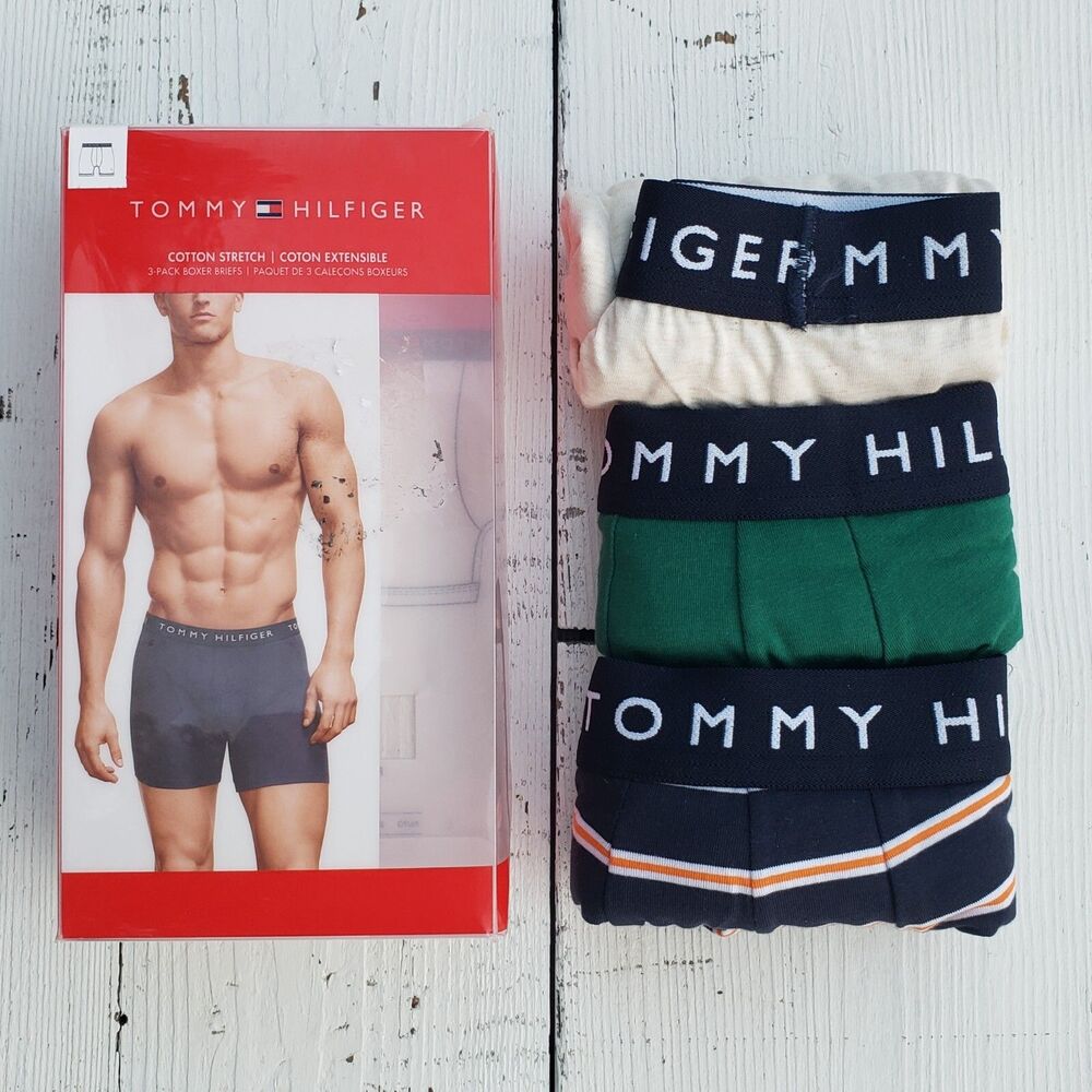TOMMY HILFIGER 3 PACK Men's S COTTON STRETCH Boxer Briefs Green Cream Underwear